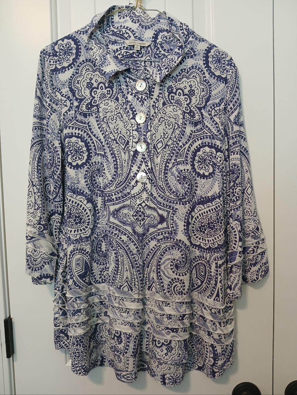 JOHN MARK Blue Paisley Button-Front Women's Tunic Top with Flexible Collar